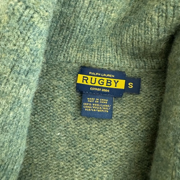 Ralph Lauren RUGBY 100% wool green cardigan with leather accents - Picture 2 of 5